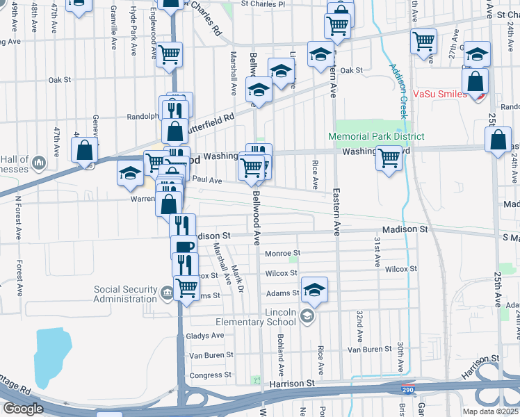 map of restaurants, bars, coffee shops, grocery stores, and more near 3606 Warren Avenue in Bellwood
