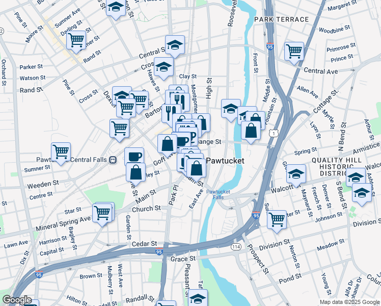 map of restaurants, bars, coffee shops, grocery stores, and more near 1966 Maple Street in Pawtucket