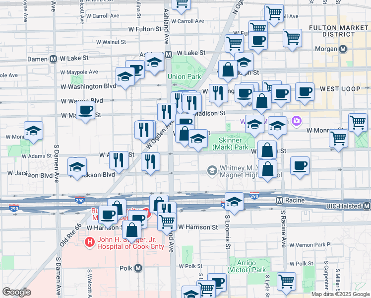 map of restaurants, bars, coffee shops, grocery stores, and more near 201 South Ashland Avenue in Chicago