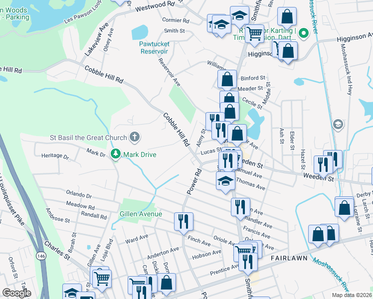 map of restaurants, bars, coffee shops, grocery stores, and more near 39 Martha Street in Pawtucket