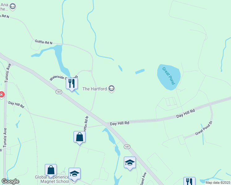 map of restaurants, bars, coffee shops, grocery stores, and more near 1 Griffin Road North in Windsor
