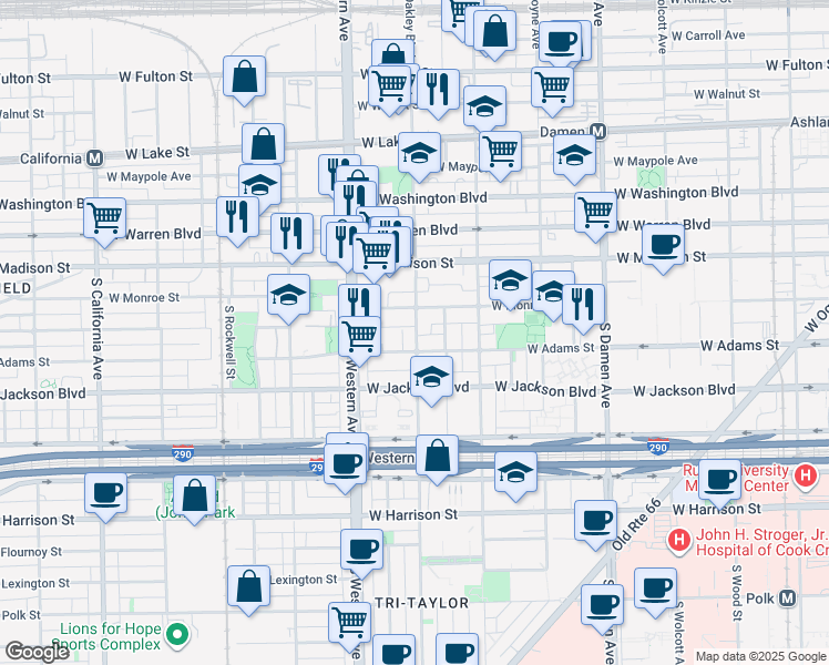 map of restaurants, bars, coffee shops, grocery stores, and more near 2301 West Adams Street in Chicago