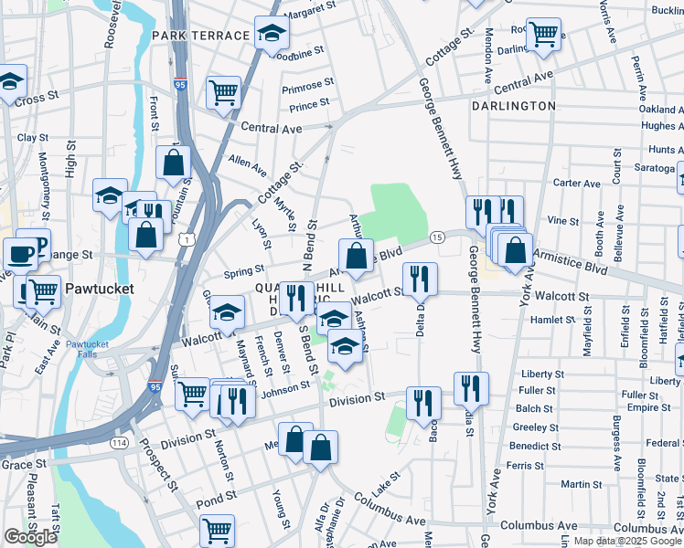 map of restaurants, bars, coffee shops, grocery stores, and more near 262 Walcott Street in Pawtucket