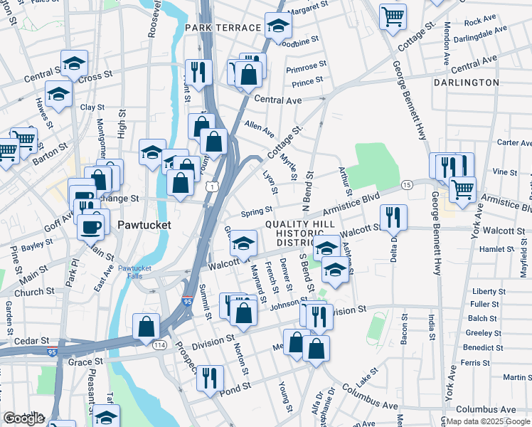 map of restaurants, bars, coffee shops, grocery stores, and more near 28 Denver Street in Pawtucket