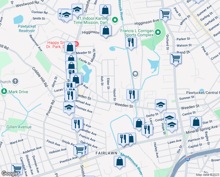 map of restaurants, bars, coffee shops, grocery stores, and more near 32 Hazel Street in Pawtucket