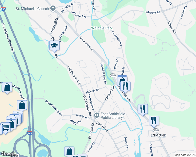 map of restaurants, bars, coffee shops, grocery stores, and more near 29 Leland Mowry Drive in Smithfield