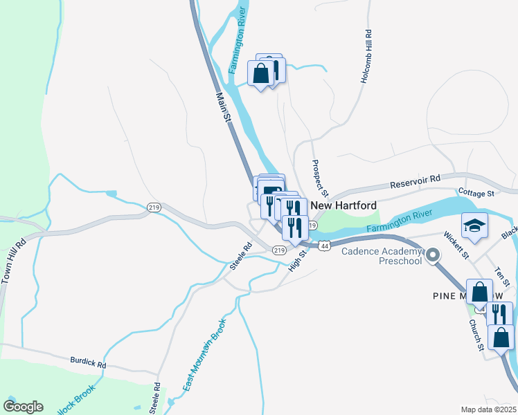 map of restaurants, bars, coffee shops, grocery stores, and more near 17 Church Street North in New Hartford