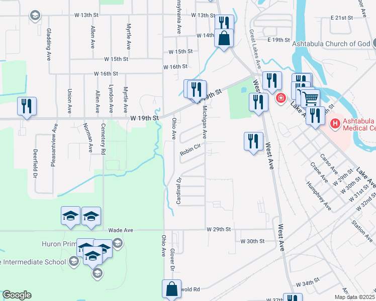 map of restaurants, bars, coffee shops, grocery stores, and more near 1736 Robin Circle in Ashtabula