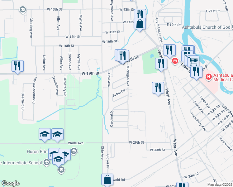 map of restaurants, bars, coffee shops, grocery stores, and more near 1736 Robin Circle in Ashtabula