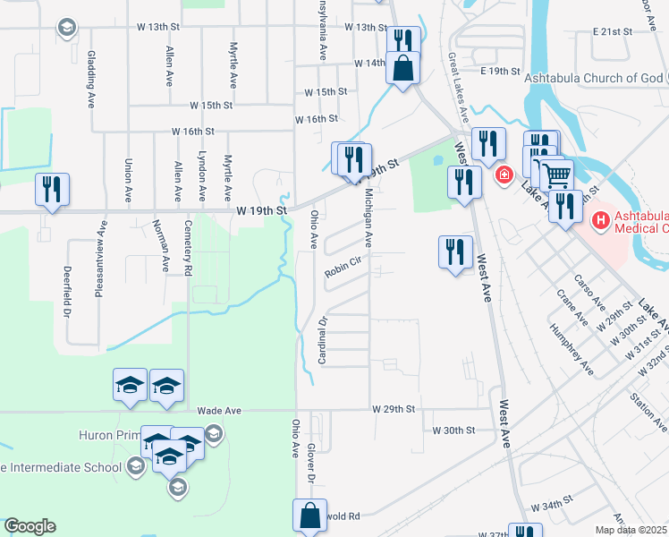map of restaurants, bars, coffee shops, grocery stores, and more near 1736 Robin Circle in Ashtabula