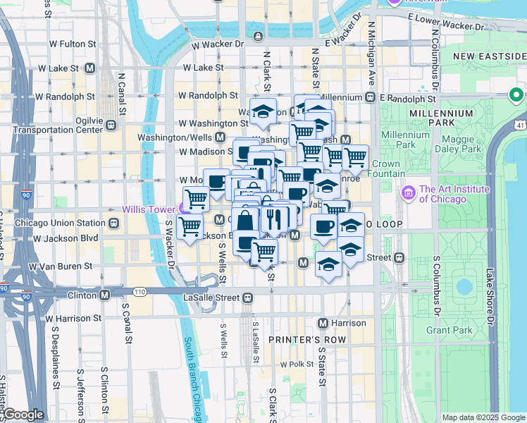 map of restaurants, bars, coffee shops, grocery stores, and more near 141 West Jackson Boulevard in Chicago