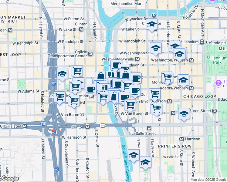 map of restaurants, bars, coffee shops, grocery stores, and more near 250 South Wacker Drive in Chicago
