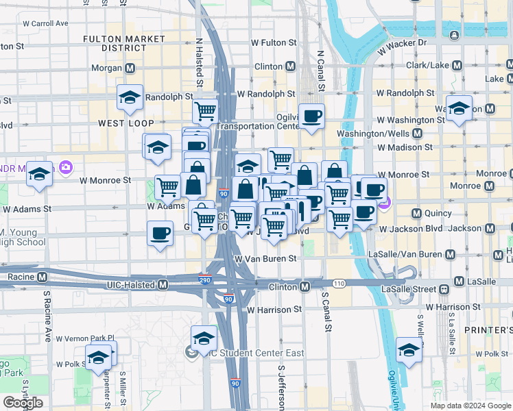 map of restaurants, bars, coffee shops, grocery stores, and more near 223 South Desplaines Street in Chicago