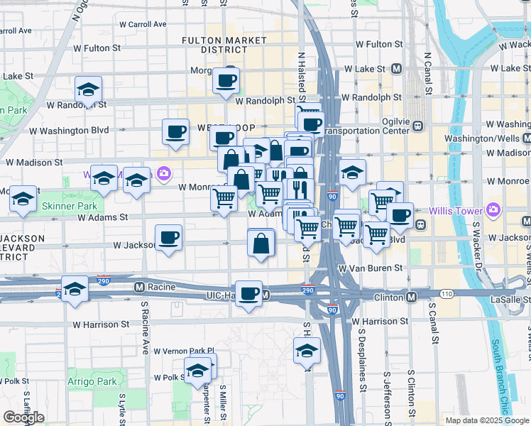 map of restaurants, bars, coffee shops, grocery stores, and more near 221 South Peoria Street in Chicago