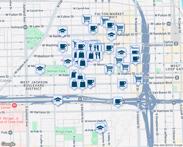map of restaurants, bars, coffee shops, grocery stores, and more near 1127 West Adams Street in Chicago