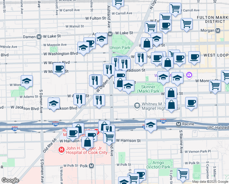 map of restaurants, bars, coffee shops, grocery stores, and more near 201 South Ashland Avenue in Chicago