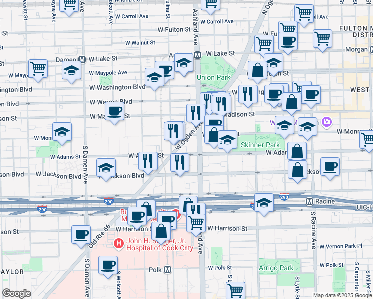 map of restaurants, bars, coffee shops, grocery stores, and more near 1625 West Adams Street in Chicago