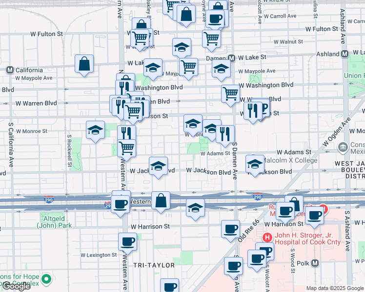 map of restaurants, bars, coffee shops, grocery stores, and more near 2153 West Adams Street in Chicago
