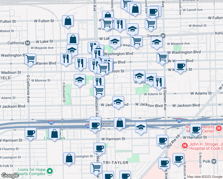 map of restaurants, bars, coffee shops, grocery stores, and more near 2301 West Adams Street in Chicago