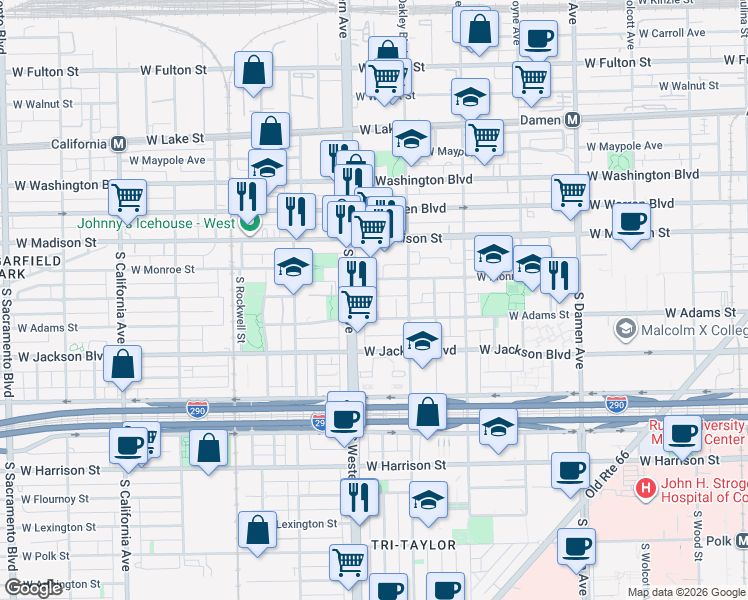 map of restaurants, bars, coffee shops, grocery stores, and more near 2339 West Adams Street in Chicago