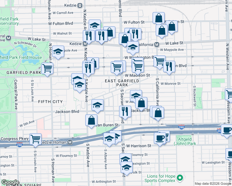 map of restaurants, bars, coffee shops, grocery stores, and more near 141 South Whipple Street in Chicago