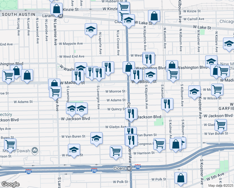 map of restaurants, bars, coffee shops, grocery stores, and more near 4843 West Adams Street in Chicago