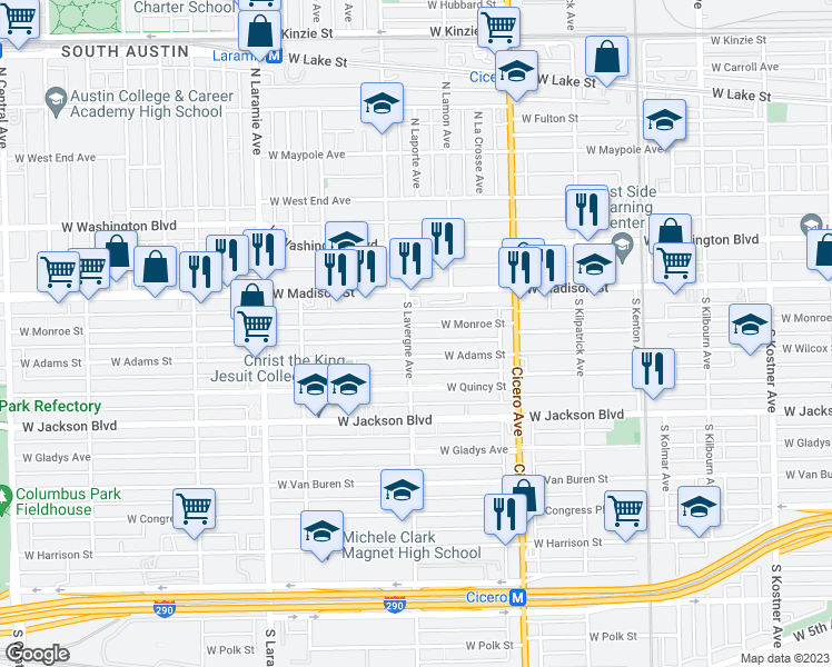 map of restaurants, bars, coffee shops, grocery stores, and more near 4927 West Adams Street in Chicago