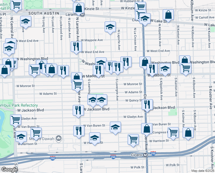 map of restaurants, bars, coffee shops, grocery stores, and more near 5046 West Adams Street in Chicago