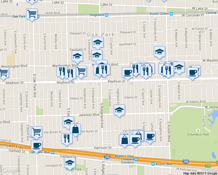 map of restaurants, bars, coffee shops, grocery stores, and more near 536 South Cuyler Avenue in Oak Park