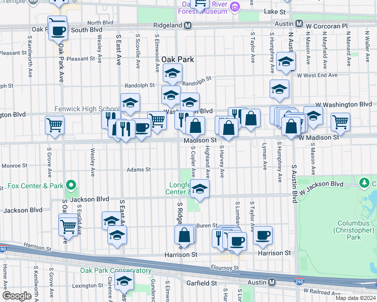 map of restaurants, bars, coffee shops, grocery stores, and more near 536 South Cuyler Avenue in Oak Park