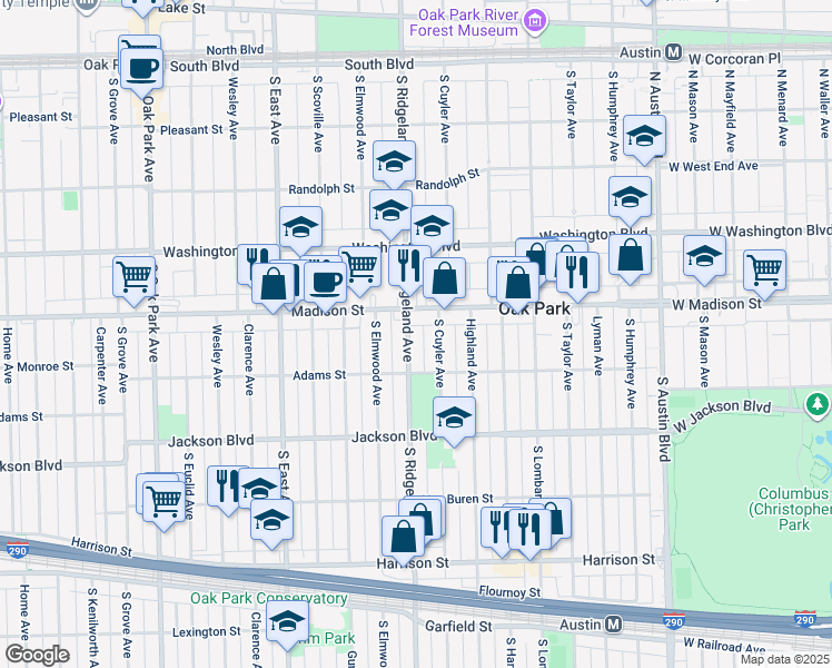 map of restaurants, bars, coffee shops, grocery stores, and more near 537 South Ridgeland Avenue in Oak Park