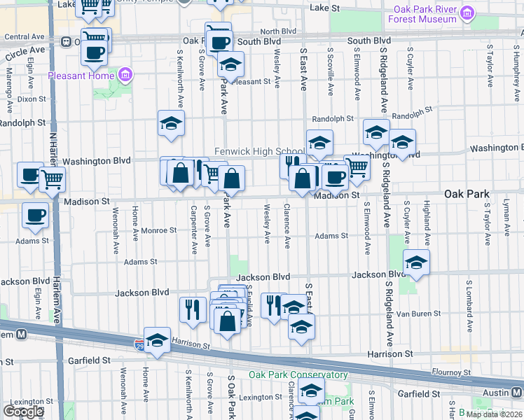 map of restaurants, bars, coffee shops, grocery stores, and more near 533 Wesley Avenue in Oak Park