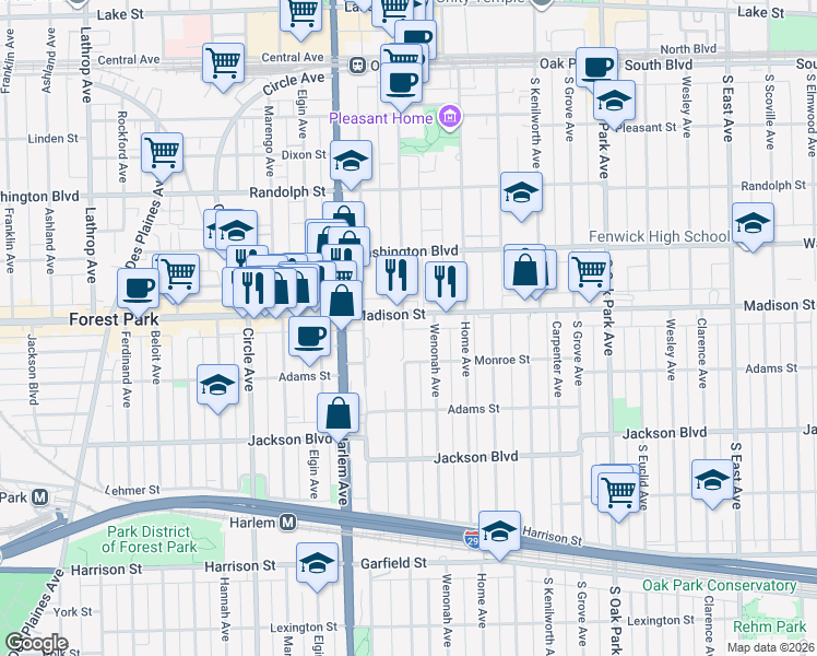 map of restaurants, bars, coffee shops, grocery stores, and more near 525 Wisconsin Avenue in Oak Park