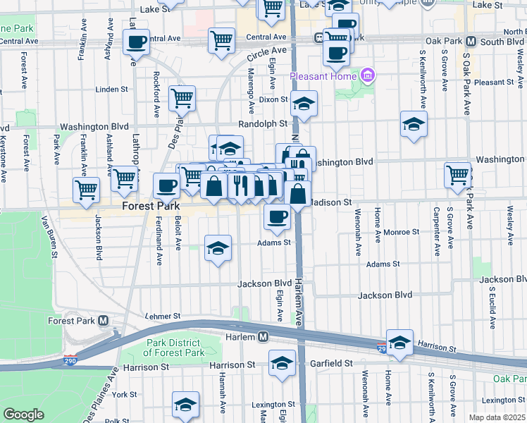 map of restaurants, bars, coffee shops, grocery stores, and more near 431 Marengo Avenue in Forest Park