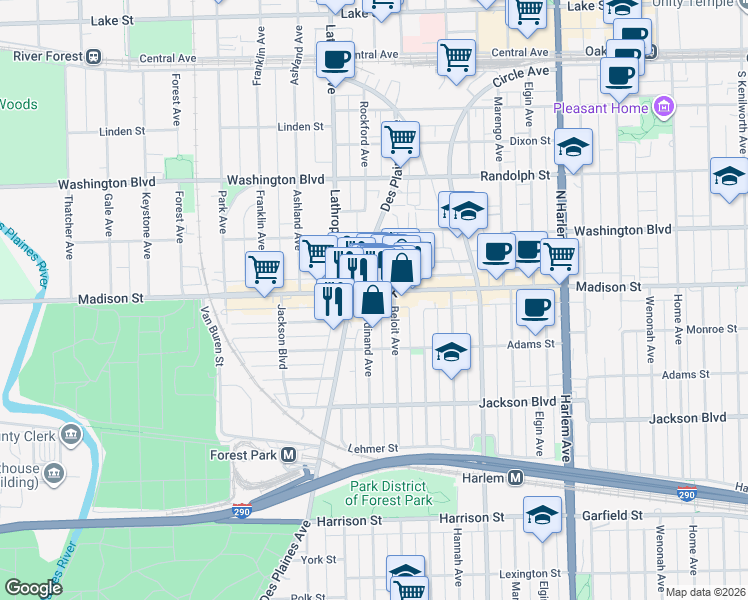 map of restaurants, bars, coffee shops, grocery stores, and more near 426 Ferdinand Avenue in Forest Park