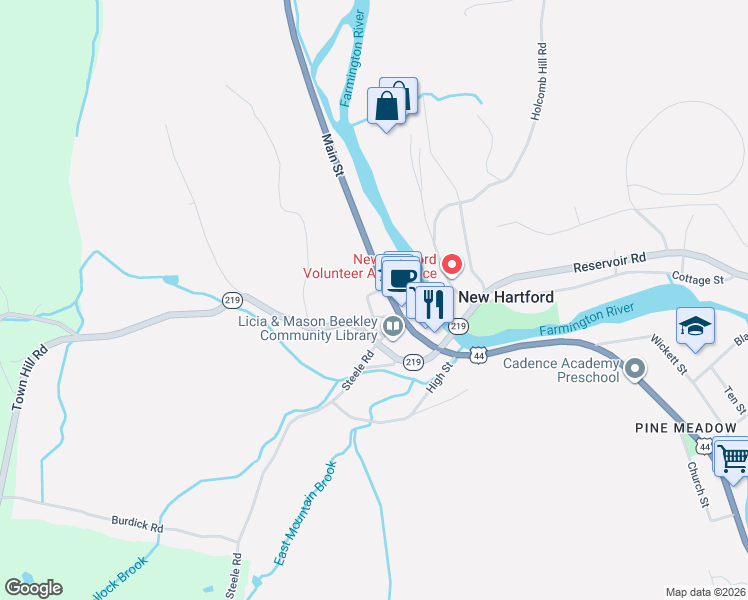 map of restaurants, bars, coffee shops, grocery stores, and more near 6 Central Avenue in New Hartford