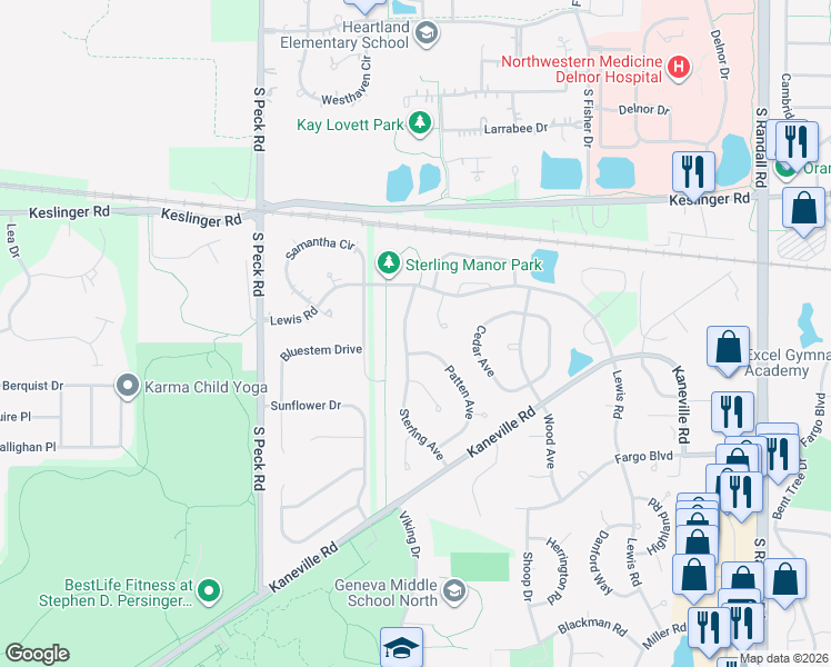 map of restaurants, bars, coffee shops, grocery stores, and more near 836 Sterling Avenue in Geneva