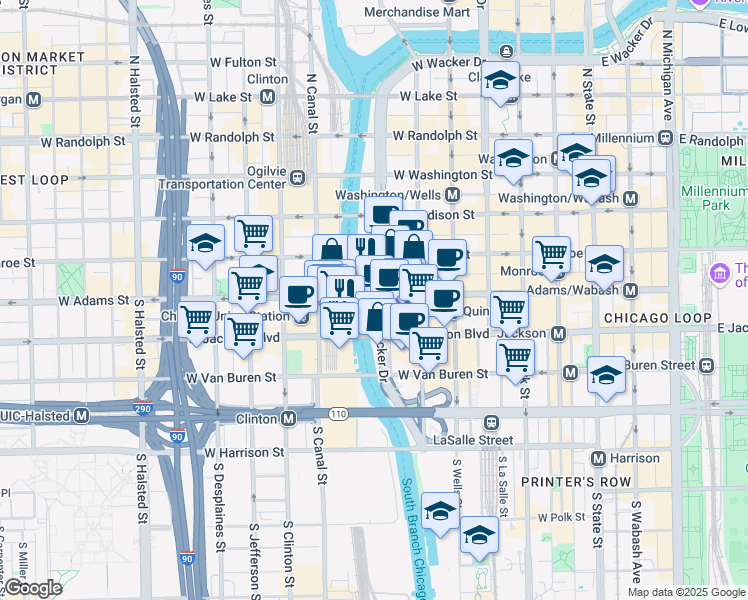 map of restaurants, bars, coffee shops, grocery stores, and more near 200 South Wacker Drive in Chicago