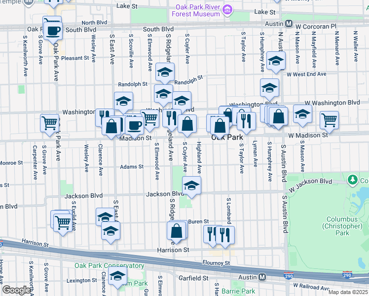 map of restaurants, bars, coffee shops, grocery stores, and more near 536 South Cuyler Avenue in Oak Park