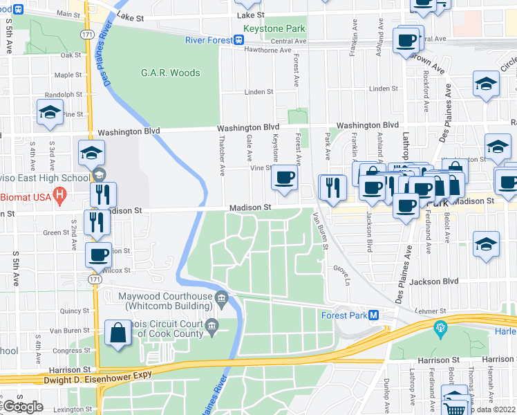 map of restaurants, bars, coffee shops, grocery stores, and more near 10785 Madison Street in Forest Park