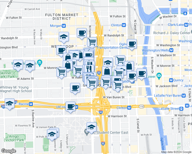 map of restaurants, bars, coffee shops, grocery stores, and more near 760 West Adams Street in Chicago