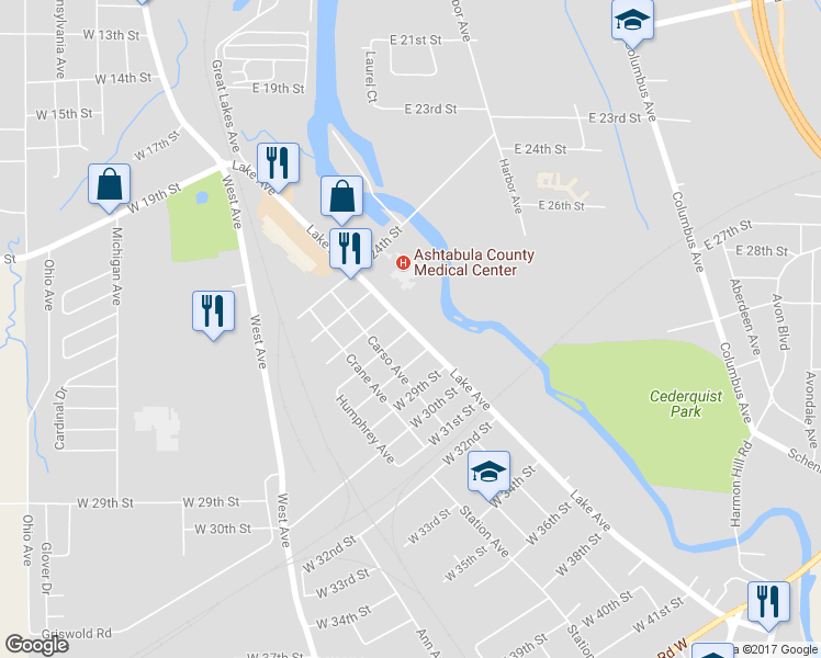 map of restaurants, bars, coffee shops, grocery stores, and more near Lake Avenue & West 27th Street in Ashtabula