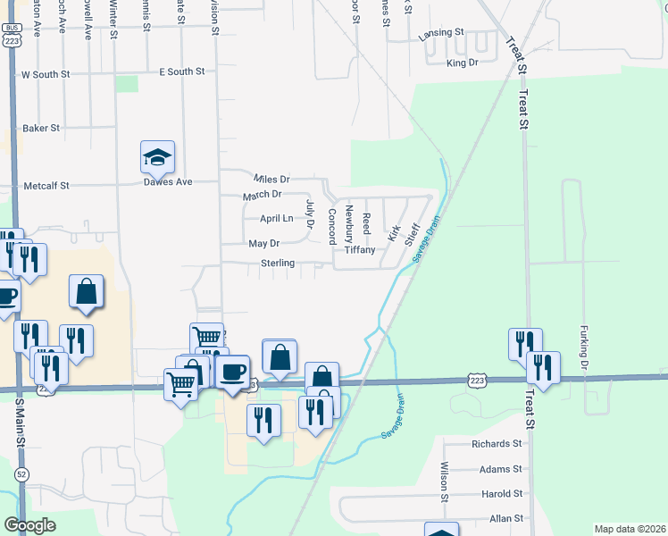 map of restaurants, bars, coffee shops, grocery stores, and more near 132 Storr in Adrian