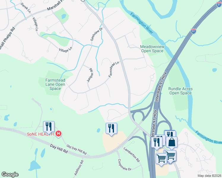 map of restaurants, bars, coffee shops, grocery stores, and more near 41 Farmstead Lane in Windsor