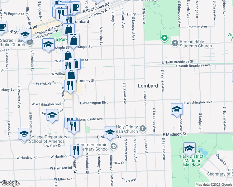 map of restaurants, bars, coffee shops, grocery stores, and more near 414 South Craig Place in Lombard