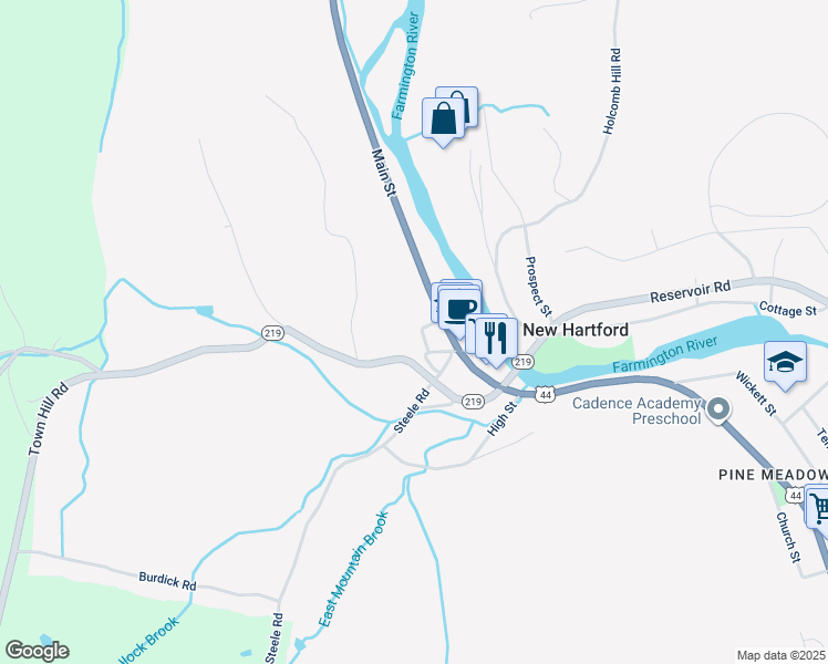 map of restaurants, bars, coffee shops, grocery stores, and more near 17 Church Street North in New Hartford