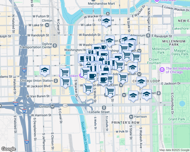 map of restaurants, bars, coffee shops, grocery stores, and more near 200 West Adams Street in Chicago
