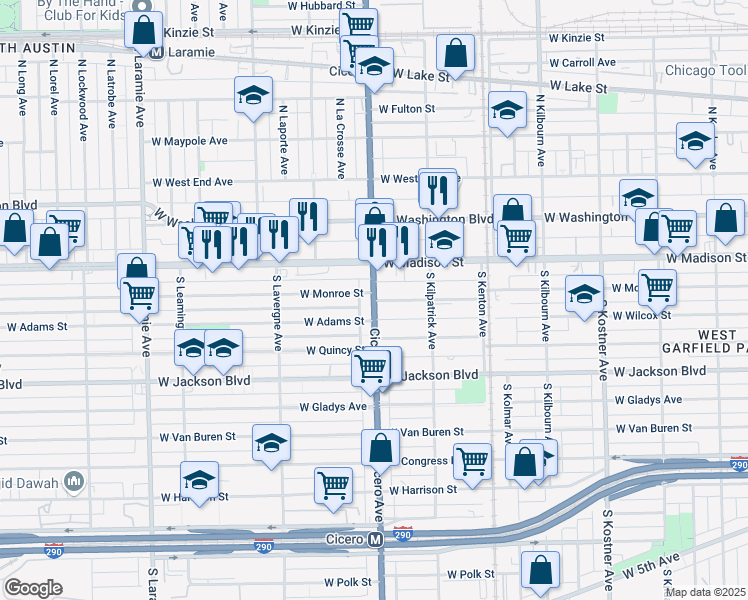 map of restaurants, bars, coffee shops, grocery stores, and more near S Cicero Ave & W Monroe St in Chicago