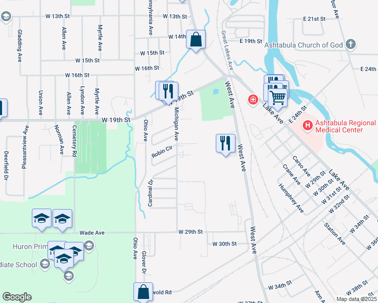 map of restaurants, bars, coffee shops, grocery stores, and more near 2406 Michigan Avenue in Ashtabula