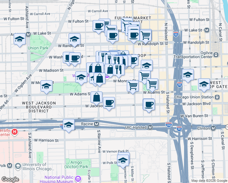 map of restaurants, bars, coffee shops, grocery stores, and more near 1117 West Monroe Street in Chicago